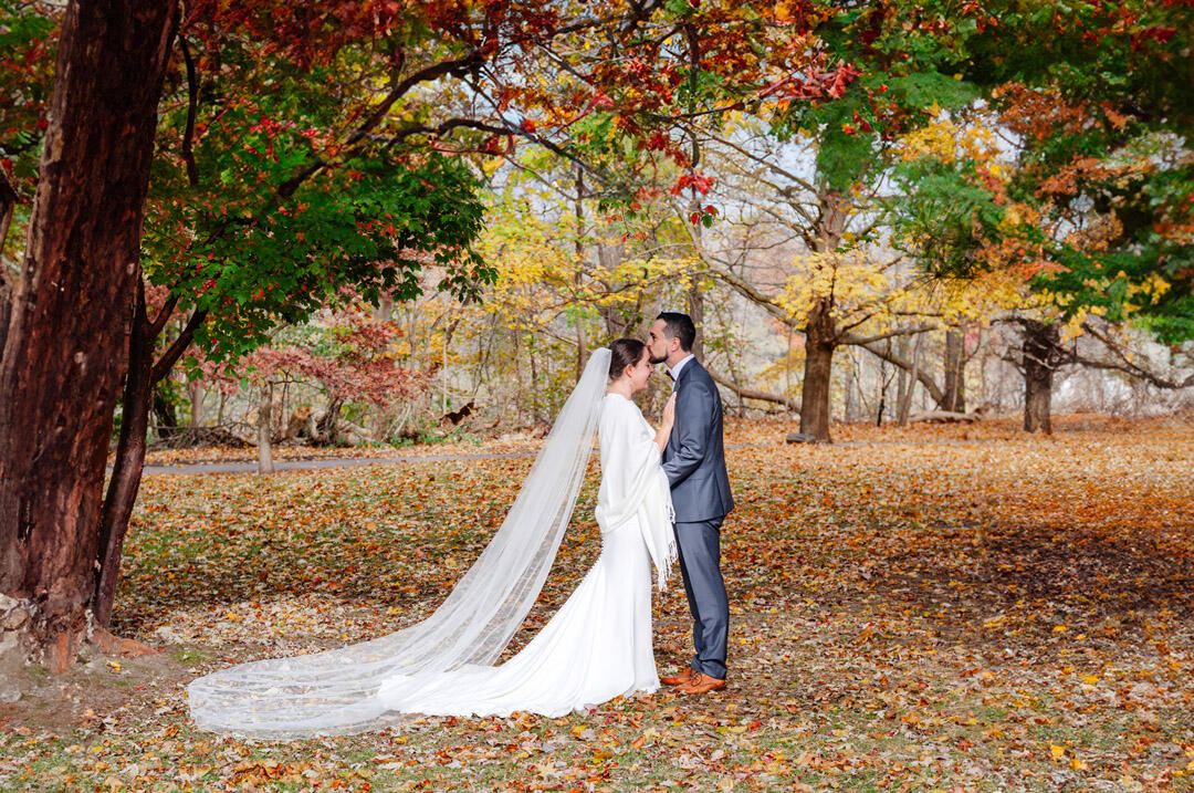 Untitled Groom kissing Bride's forehead with autumn leaves surrounding them