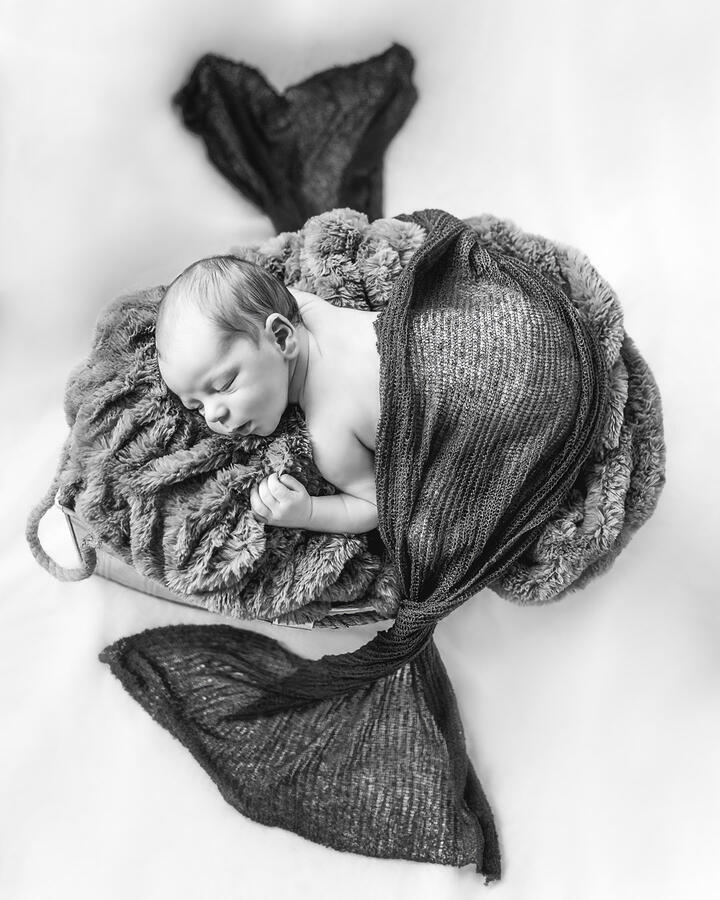 Untitled Baby - top down view of newborn sleeping on tummy, with blanket spread around them
