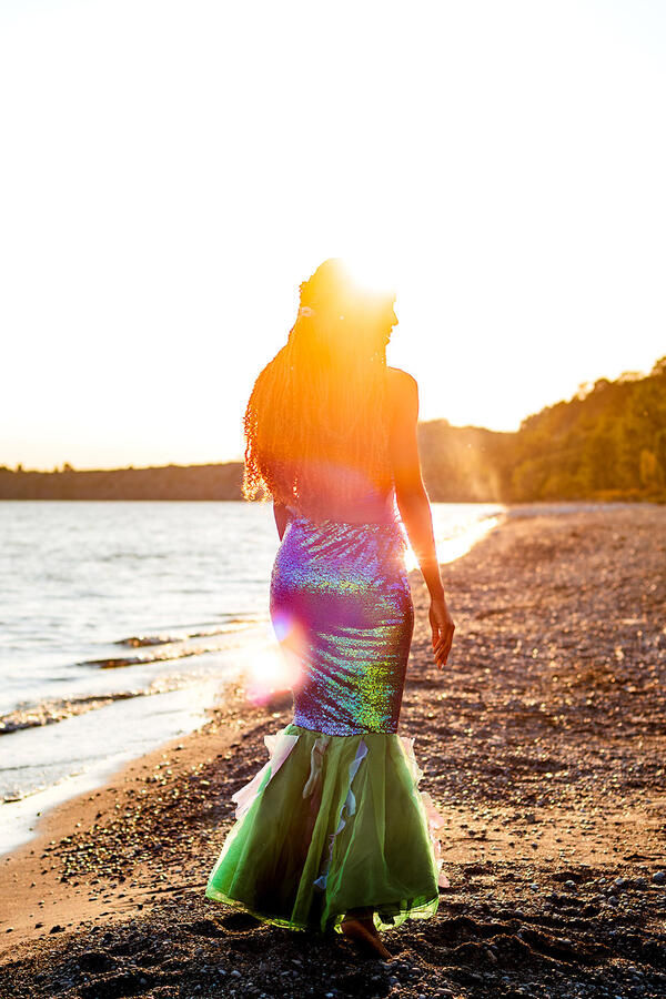 Untitled Styled Shoot - Ariel cosplay walking towards sunset over water