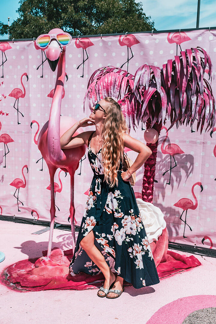 Shannon leaning against a giant pink flamingo